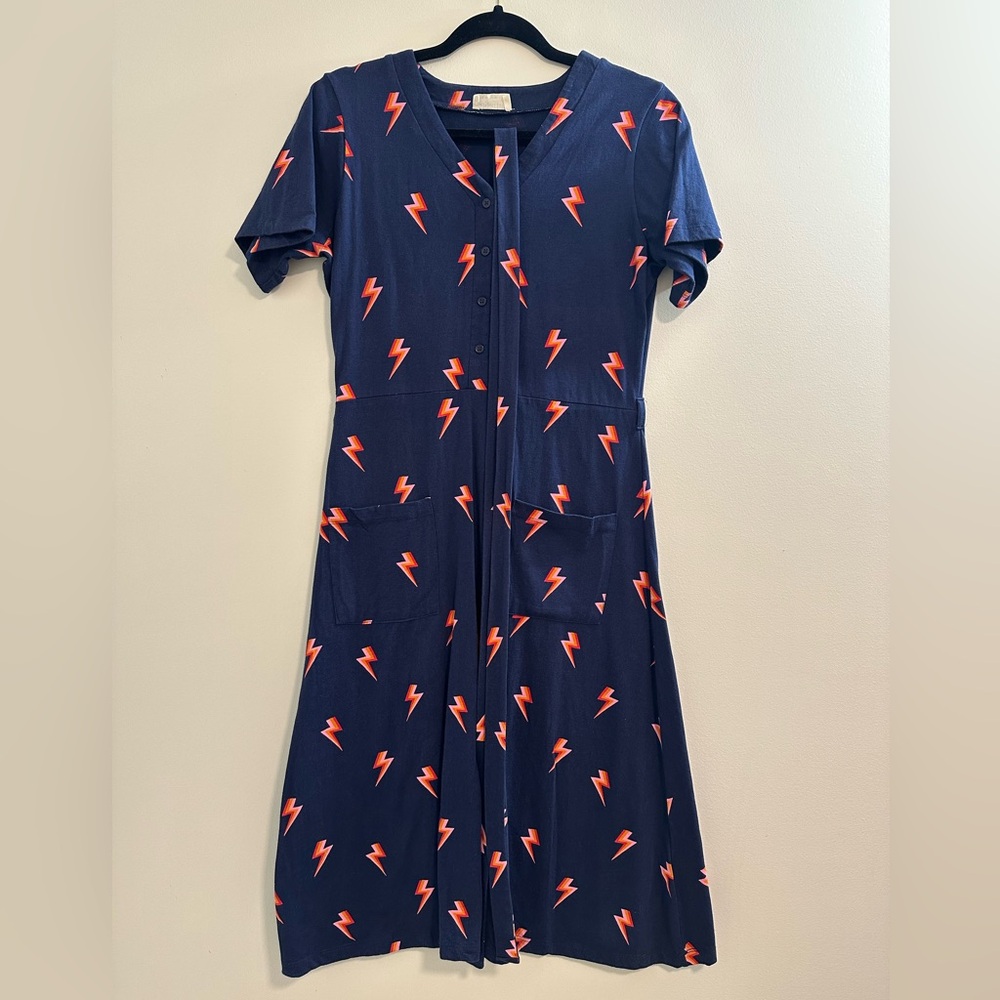 Navy Midi Dress with Lightning Bolt Print